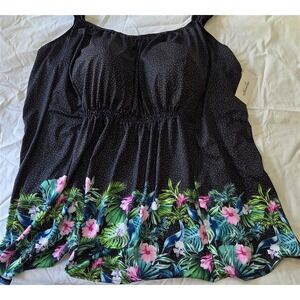NWT Swimsuits For All 42 Black Polka Dot Tropical Tankini Swimsuit 129722